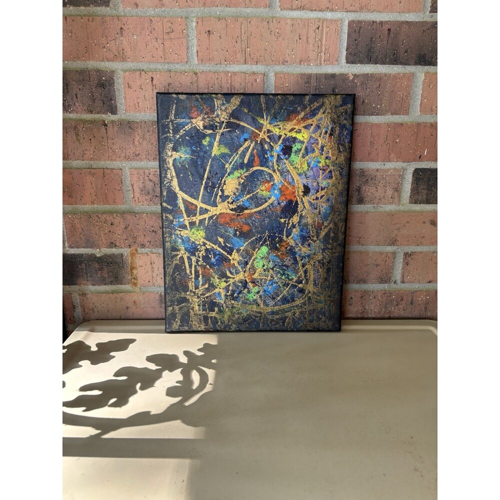 Original 11" X 14" Abstract Splatter Painting Canvas Blue Gold Modern Wall Art
